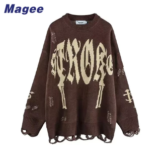 Áo sweater Dệt Kim Dài Tay Dáng Rộng In Chữ Phong Cách hip hop Đường Phố Mỹ Thời Trang Cho Nam Và Nữ Magee