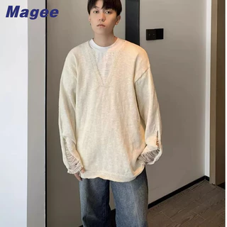 Magee Áo Sweater Dệt Kim Cổ Chữ V Khoét Lỗ Dáng Rộng Đơn Giản Phong Cách Retro Hàn Quốc Cho Nam