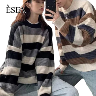 Áo Sweater Cổ Tròn Kẻ Sọc Phong Cách Thời Trang Nhật Bản Dành Cho Nam Và Nữ