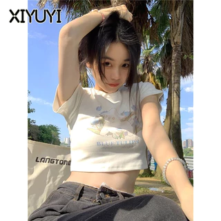 XIYUYI  Áo Thun Crop top Ngắn Tay In Họa Tiết Thời Trang Cho Nữ