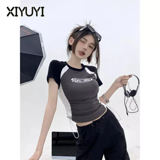 XIYUYI Áo Thun Ngắn Tay Ôm Dáng Phối Màu retro Dễ Phối Đồ Cho Nữ