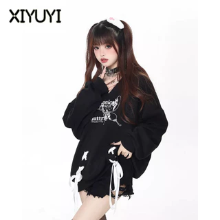 XIYUYI  Áo sweater Có Mũ Trùm Dáng Rộng Cổ Chữ v Dây Dài Trung Bình Phong Cách vintage Đường Phố Giản Dị Dành Cho Bạn Nữ