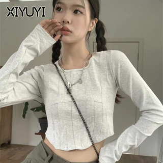 XIYUYI Áo Thun Nữ Tay Dài Họa Tiết Xương Cá Phong Cách Mới Gợi Cảm