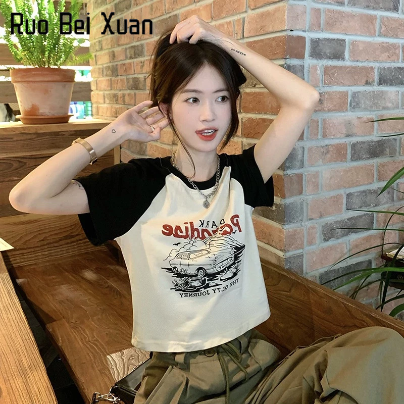 Ruo Bei  Xuan   2023 Áo Thun Tay Ngắn Dáng Ôm Phong Cách retro Mỹ Dễ Phối Đồ Thời Trang Mùa Hè Dành Cho Nữ Sinh