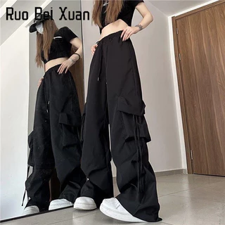 Ruo Bei  Xuan   Quần Yếm Dài Ống Rộng Lưng Cao Khô Nhanh retro Mỹ Mùa Hè Cho Nữ