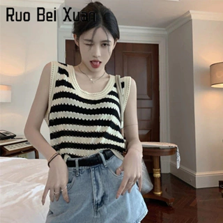 Ruo Bei  Xuan   Áo Dệt Kim Hai Dây Cỡ Lớn Họa Tiết Kẻ Sọc retro Thời Trang Mùa Hè Cho Nữ