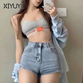 XIYUYI Quần Short denim Lưng Cao Dáng Chữ a Mỏng Thời Trang Cho Nữ