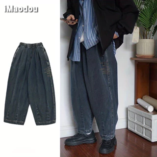 iMaodou Quần jeans Ống Rộng Thêu Hình Nón Phong Cách retro Nhật Bản Cho Nam Nữ