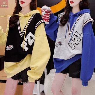 Áo Hoodie Giả Hai Lớp Dáng Rộng Mỏng Phong Cách Hàn Quốc Thời Trang Xuân Thu Mới Cho Nữ