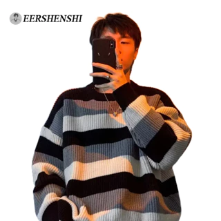 Eershenshi Áo sweater Cổ Tròn Họa Tiết Kẻ Sọc Dày Dặn Phong Cách Nhật Bản Chất Lượng Cao Cho Nam