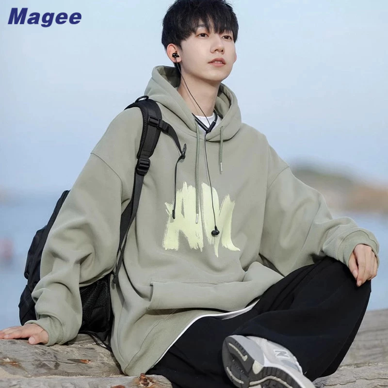 Magee Áo Hoodie Dáng Rộng In Hình Hải Quân Đơn Giản Cao Cấp Phong Cách retro Hàn Quốc Giản Dị Dành Cho Nam