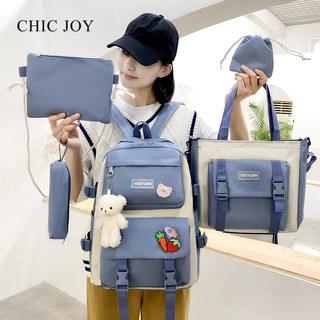 CHIC JOY Set Ba Lô + Túi Đeo Chéo + Ví Màu Trơn Cỡ Lớn Thời Trang Cho Nữ