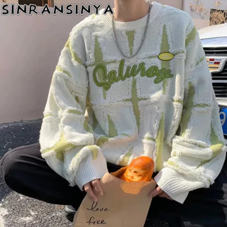 Sinransinya Áo sweater Dệt Kim Dày Dáng Rộng In Hình Ngôi Sao Cao Cấp Kiểu retro Mỹ Đường Phố Cho Nam Và Nữ