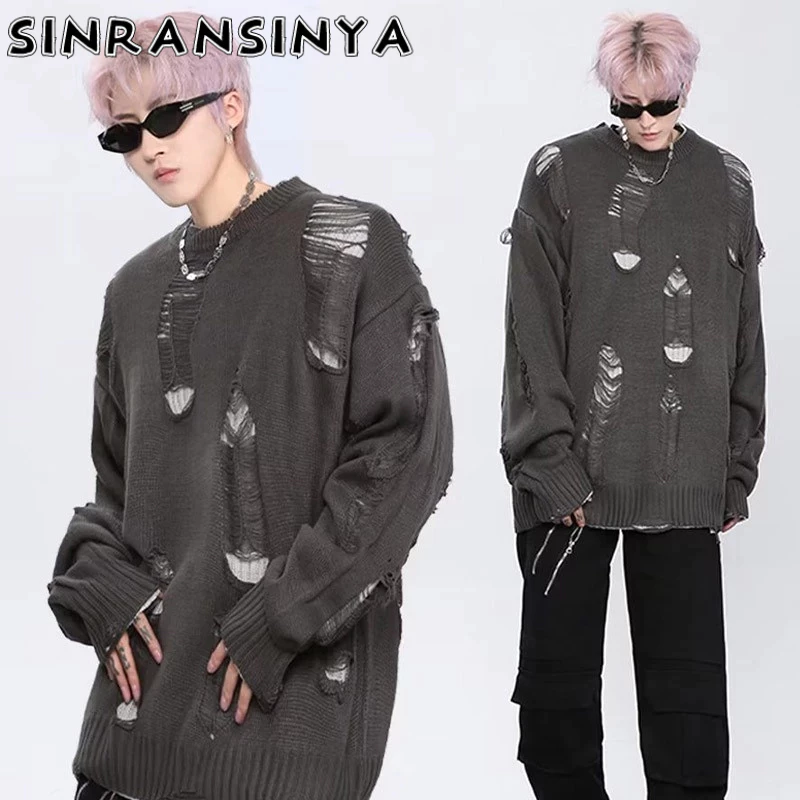 Áo sweater nam SINRANSINYA dệt kim cổ tròn hai mặt dáng rộng phong cách hip hop đường phố Mỹ thời trang