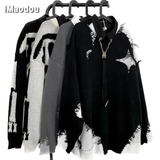 iMaodou Áo Khoác sweater Dệt Kim Phối Màu Sắc Tương Phản Phong Cách retro Mỹ Cho Nam Giới