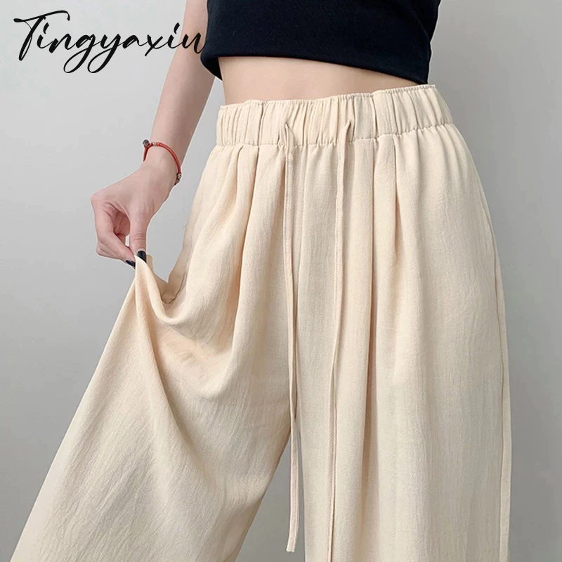 TINGYAXIU Quần Dài Lưng Cao Ống Rộng Chất Liệu cotton Lanh Mỏng Chống Nắng Thời Trang Mùa Hè Cho Nữ