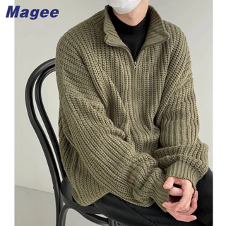 Magee Áo Khoác cardigan Dệt Kim Cổ Đứng Dáng Rộng Màu Trơn Đơn Giản Cao Cấp Phong Cách retro Hàn Quốc Cho Nam