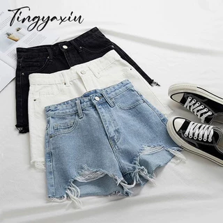 TINGYAXIU Quần Short jeans Nữ Lưng Cao Ống Rộng Rách Gối Thời Trang