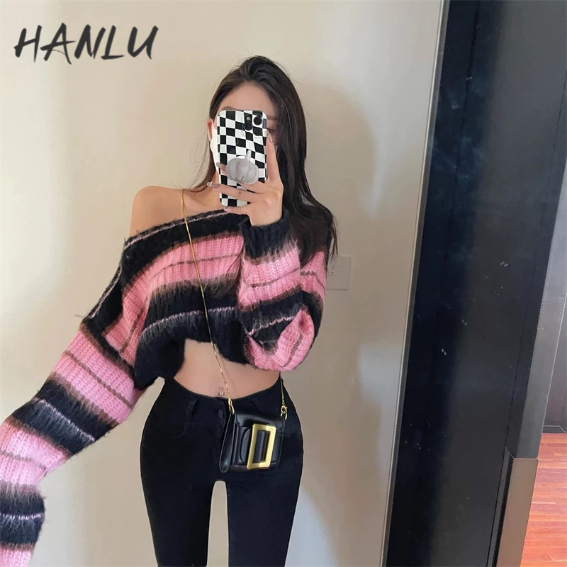 HANLU Áo Sweater Dệt Kim Dáng Rộng Ngắn Hở Rốn Họa Tiết Kẻ Sọc Màu Tương Phản Thời Trang Cho Nữ