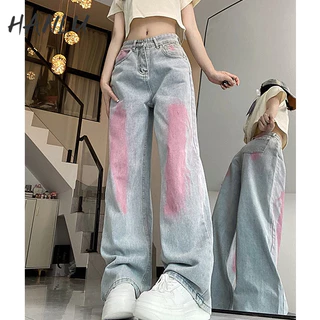 HANLU Quần jeans Nữ Ống Rộng Họa Tiết graffiti Phong Cách Hàn Quốc Mới