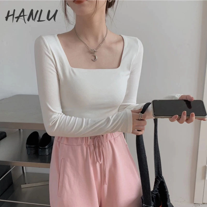 HANLU Áo Thun Croptop Dài Tay Cổ Vuông Thiết Kế Mỏng Xinh Xắn Thời Trang Dành Cho Nữ