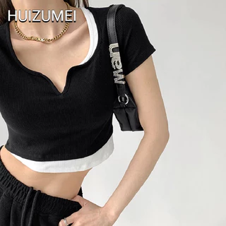 HUIZUMEI Áo Thun Croptop Tay Ngắn Dáng Ôm Phong Cách Hàn Quốc Thời Trang Cho Nữ