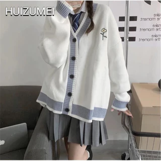 HUIZUMEI Áo Khoác sweater Dáng Rộng Cổ Chữ v Dễ Phối Đồ Phong Cách Hàn Quốc Dành Cho Nữ Sinh