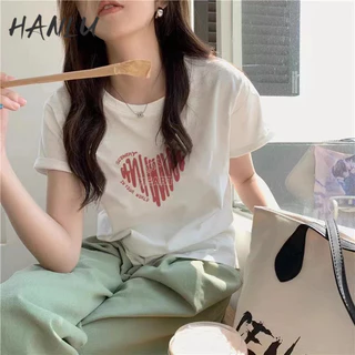 HANLU Áo Thun cotton Ngắn Tay Dáng Rộng In Họa Tiết Thời Trang Cho Nữ