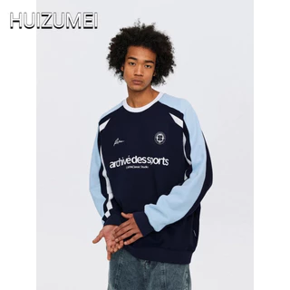 HUIZUMEI Áo sweater Mỏng Cổ Tròn Dáng Rộng Phối Màu Tương Phản Kiểu retro Mỹ Cho Các Cặp Đôi