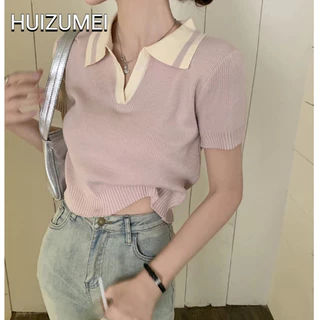 HUIZUMEI Áo sweater Dệt Kim Ngắn Tay Cổ Tròn Thiết Kế Thời Trang Hàn Quốc Cho Nữ