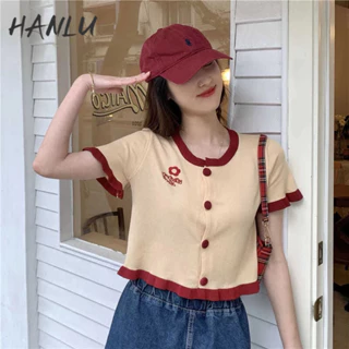 HANLU Áo cardigan Dệt Kim Tay Ngắn Thêu Họa Tiết Màu Sắc Tương Phản Phong Cách Cổ Điển Thời Trang Cho Nữ