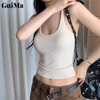 Nữ Camisole Gia Vị Nữ Phong Cách Cổ Tròn Trắng Áo Vest Camisole Cổ Thấp Slim Fit Bên Ngoài Co Giãn Cao Ngắn Top Không Tay