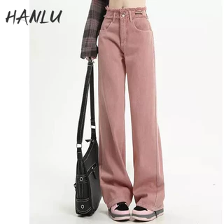 HANLU Quần Jeans Nữ Lưng Cao Ống Rộng Thời Trang