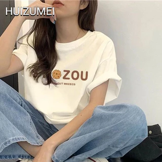 HUIZUMEI Áo Thun cotton Tay Ngắn Dáng Rộng Phong Cách Hàn Quốc Thời Trang Cho Nữ