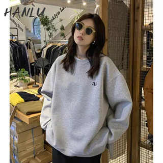 Áo sweater HANLU cổ tròn dáng rộng màu xám thời trang cho nữ