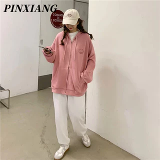 Áo khoác cardigan PINXIANG tay dài có mũ trùm đầu in họa tiết phong cách Hàn Quốc cho nữ plus size