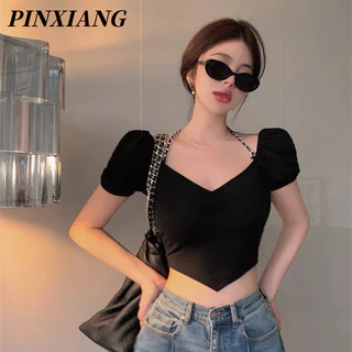 PINXIANG  back - Áo Thun Tay Ngắn Màu Đen Kiểu Dáng Xinh Xắn