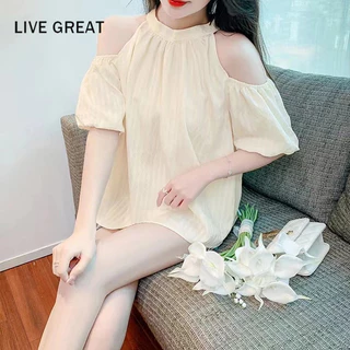 LIVE GREAT Áo Thun Ngắn Tay Trễ Vai Xếp Ly Phong Cách Mới Cho Nữ