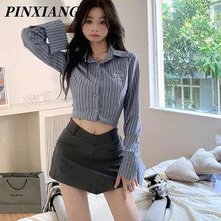 PINXIANG Set Áo Sơ Mi Dài Tay Họa Tiết Kẻ Sọc Và Chân Váy Lưng Cao Thời Trang Dành Cho Nữ