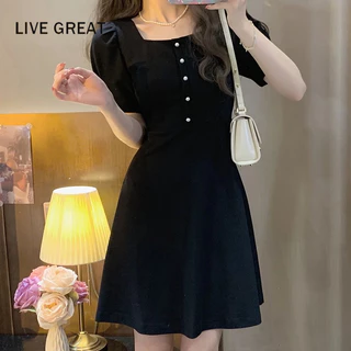 LIVE GREAT  Đầm Đen Cổ Vuông Phong Cách Pháp Thời Trang Mùa Hè Cho Nữ