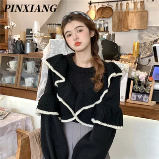 PINXIANG  Áo Khoác cardigan Dệt Kim Dáng Rộng Viền Bèo vintage Cho Nữ