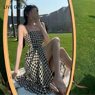 Đầm dài hai dây LIVE GREAT ôm eo họa tiết caro phong cách Pháp cổ điển thời trang dành cho nữ