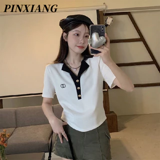 PINXIANG Áo polo Ngắn Tay Phong Cách Hàn Quốc Dễ Thương Dành Cho Nữ