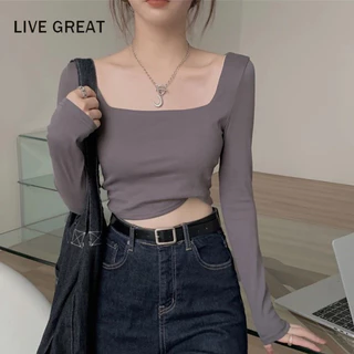 LIVE GREAT Áo Thun Tay Dài Dáng Ôm Phong Cách Hàn Quốc Thời Trang Cho Nữ