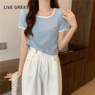 LIVE GREAT  Áo Thun Tay Ngắn Dáng Ôm Màu Trơn Thời Trang Cho Nữ