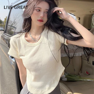 LIVE GREAT Áo Thun Lửng Ngắn Tay Phong Cách Hàn Quốc Cho Nữ