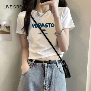 LIVE GREAT  Áo Thun cotton Ngắn Tay Cổ Tròn In Họa Tiết Thời Trang Hàn Quốc Mới Cho Nữ