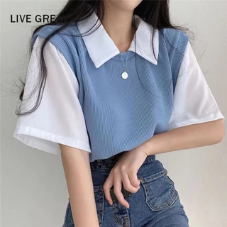 LIVE GREAT  Áo polo Ngắn Tay Giả Hai Lớp Màu Sắc Tương Phản Thời Trang Cho Nữ