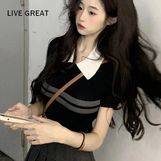 LIVE GREAT Áo polo Tay Ngắn Màu Sắc Tương Phản Phong Cách Hàn Quốc Thời Trang Mùa Hè Cho Nữ