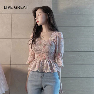 LIVE GREAT  Áo Sơ Mi Ngắn Mỏng Quấn Ngực Tay Loe In Hoa Nhỏ Ngọt Ngào Thời Trang Cho Nữ